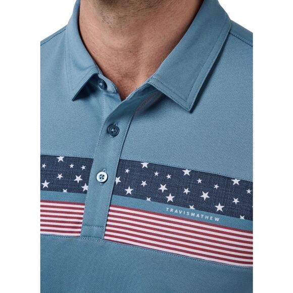 NWT Travis Mathew Good Good Patriot Golf Polo Shirt Men’s Sz Medium Blue Multi - Picture 4 of 9